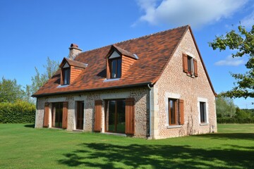 Nestled in a picturesque rural setting, this delightful countryside house features a charming sloped roof and is surrounded by vibrant greenery under a bright, sunny sky