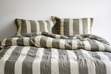 Soft striped bedding set with pillows on a neatly made bed in a calm bedroom environment showcasing a minimalist aesthetic