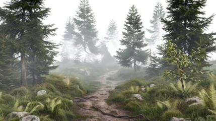 Mystic Forest Trail: A winding path meanders through a misty forest, framed by towering trees and lush greenery, inviting exploration and solitude.