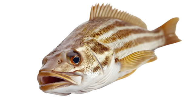 Striped Bass Fish on White Background - Professional Isolated Image with Clean AR 16:9 Ratio