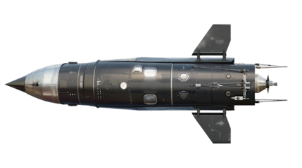 Silent Sentinel: A detailed side view of a modern, jet-black missile against a stark background, showcasing its intricate design and powerful presence.