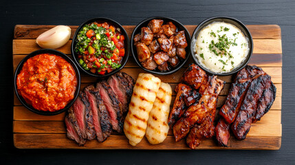 A delicious array of grilled meats accompanied by various sauces and sides, beautifully presented on a wooden platter.