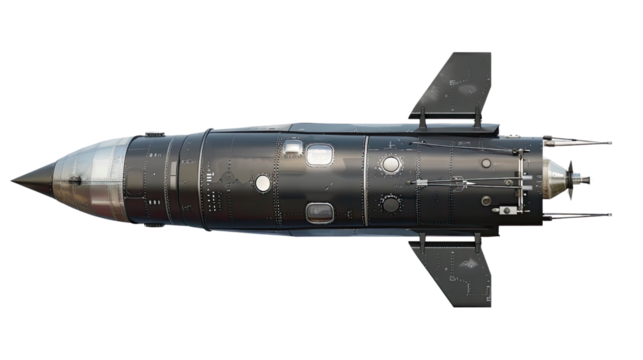 Silent Sentinel: A detailed side view of a modern, jet-black missile against a stark background, showcasing its intricate design and powerful presence.