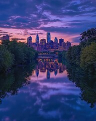 Obraz premium Philadelphia skyline reflected in the Schuylkill River at twilight