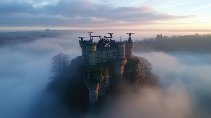 Drone captures breathtaking aerial view of a historic castle amidst ethereal fog