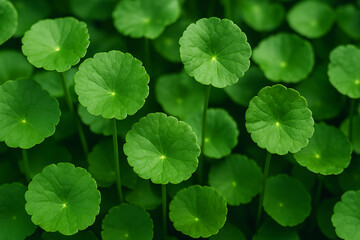 Close-Up View of Vibrant Green Round Leaves in Natural Light Overhead Perspective