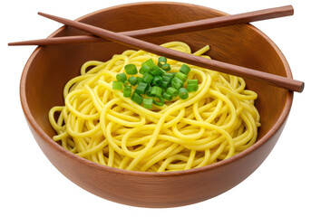 A bowl of cooked yellow noodles garnished with green onions isolated on transparent background