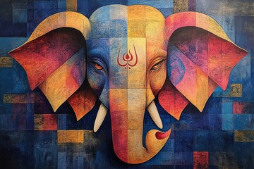 A colorful and geometric artistic painting of an elephants head