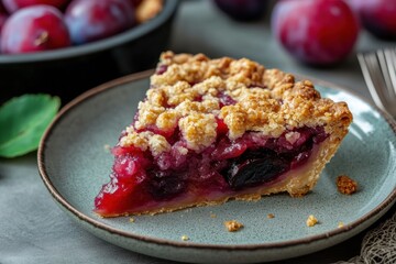 Slice of plum pie on ceramic plate with crumb topping