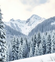 Fototapeta premium Untouched snow blankets a pristine winter forest, frosted peaks rise under a pale sky, mountains, wilderness, snow
