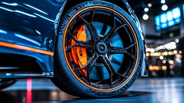 Close-up of a sleek car wheel showcasing a black rim and orange brake caliper