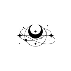 Celestial Crescent Moon with Stars and Orbits - Minimalist Vector