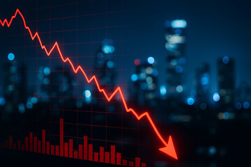 Red Downward Trend Chart Over Cityscape at Night with Blurred Background Lights