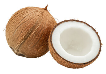 A pair of coconuts one whole with a fibrous brown shell and the other cut in half isolated on transparent background