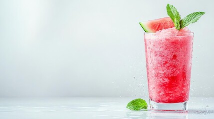 Obraz premium Refreshing watermelon slushie in a clear glass with mint leaves and fruit garnish.