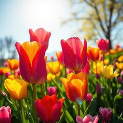 Obraz premium Vibrant pink, orange, & yellow tulips bask in sunlight, a colorful meadow scene, bright, garden, sunlight