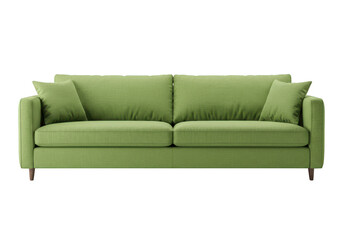 A modern green fabric sofa with plush cushions and two matching throw pillows on each side isolated on transparent background