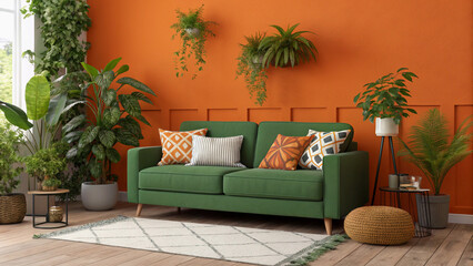 Rustic Living Room with Green Sofa and Vibrant Plants