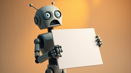 An astonished robot holding up a blank rectangular white sign
