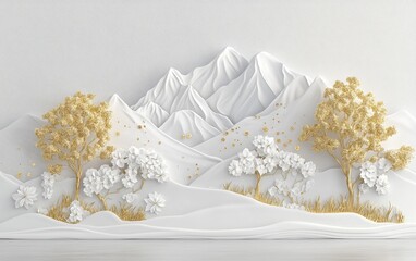 White wall decor, embossed mountain, gold trees, flower scene, interior design