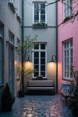 Fototapeta premium Charming courtyard with a bench under the rain and soft lighting 