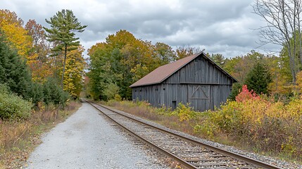 Obraz premium Rustic barn beside autumnal rail trail.