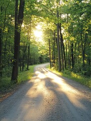 Obraz premium A sunlit path through a dense, green forest, creating a serene and inviting scene. The sunlight streams through the trees