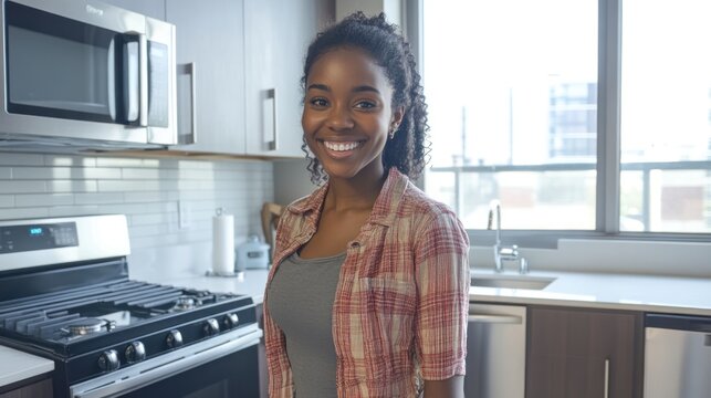 Portrait of an attractive woman smiling brightly in a modern kitchen setting
