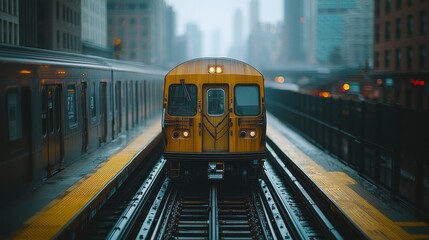Obraz premium Rainy Day Subway Ride: A Yellow Train Approaches the Station in the City