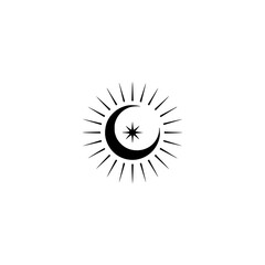 Celestial Crescent Moon & Starburst Logo Design, Minimalist Black & White Aesthetic
