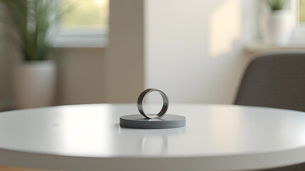 metal ring sculpture on base under spotlight
