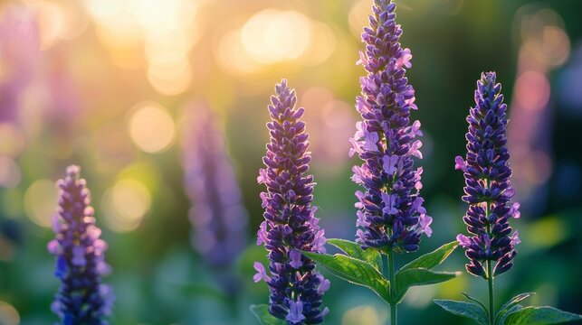 A bunch of purple flowers are in a field with the sun shining on them