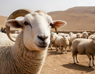 Obraz premium sheep in a field, Muslim sacrifice animal, Eid al-Adha, Muslim festival