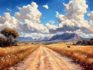 Winding Road to Mountains: A captivating landscape features a rustic dirt road leading towards distant mountains under a dynamic, cloud-filled sky.