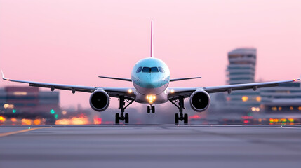 Obraz premium Jet Plane on Runway at Sunset