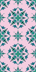 A vibrant pattern featuring intricate green leaves and floral motifs set against a soft pink background. This design captures a lively and artistic essence, suitable for various creative projects.