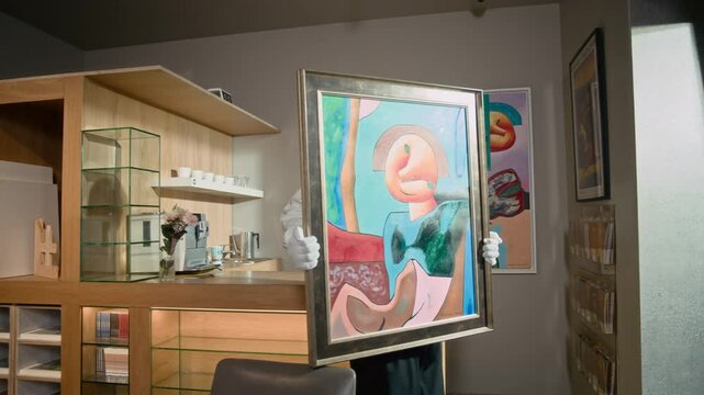 Tracking shot of young African American male gallerist bringing framed abstract painting and putting it on reception desk while preparing exhibition in modern art gallery