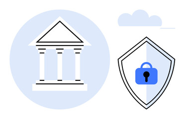 Classical bank building with pillars next to a shield featuring a lock. Ideal for finance, banking, cybersecurity, investment, protection, risk management, financial systems. Abstract line flat