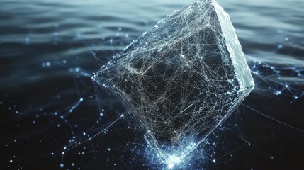 A captivating abstract geometric cube seems to float above a shimmering water surface, representing the intersection of technology and nature in a visually stunning manner.