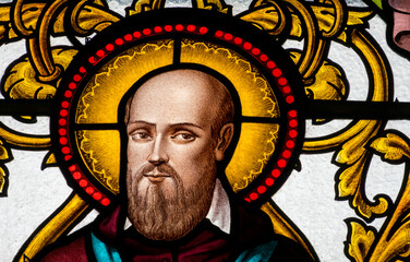 Stained glass (1930) of St. Francis de Sales or Saint François de Sales. Doctor of the Catholic...