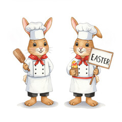 Easter Bunny Chefs Announce Spring - Two cute bunny chefs in white uniforms celebrate Easter, symbolizing spring, new beginnings, culinary delights, and French cuisine