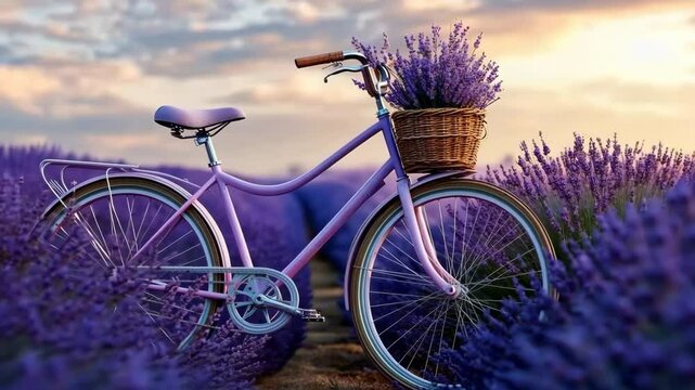 Bicycle with basket in lavender field in Provence. Selective focus. Nature.