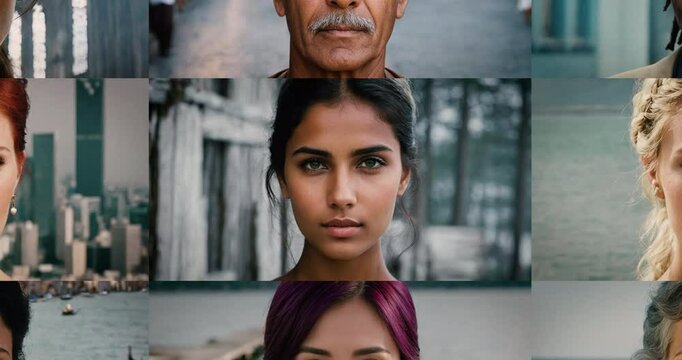 Diversity and Inclusion Concept &ndash; Zoom out from Close-Up to Mosaic of 25 Sequences with 200 Portraits of people from Various Ethnicities and Cultures