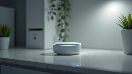 Flat smart disc placed on glossy surface near plant
