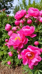 Obraz premium A vibrant pink peony bush in full bloom, lush green foliage in a garden setting, blossom, growth, outdoor