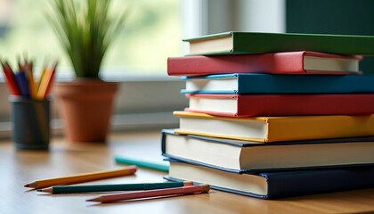 Stack of Colorful Books with Pencils and Potted Plant on Table