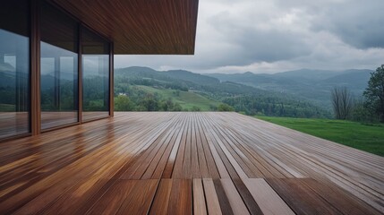 Modern wooden deck overlooking a misty mountain range.  Large glass windows provide a view of the lush landscape