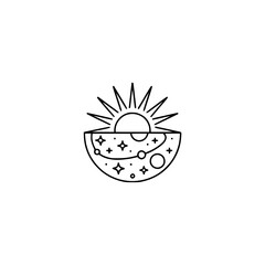 Minimalist Space Illustration: Sun, Moon, Stars, and Planets in Line Art