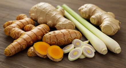 Golden Turmeric, Ginger Root, and Lemongrass Stems on Wood Grain Surface.