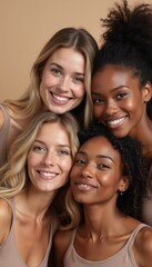 Fototapeta premium A radiant group of four women, showcasing a beautiful blend of skin tones and hairstyles, exudes warmth and friendship against a soft beige background. Their genuine smiles and close-knit pose
